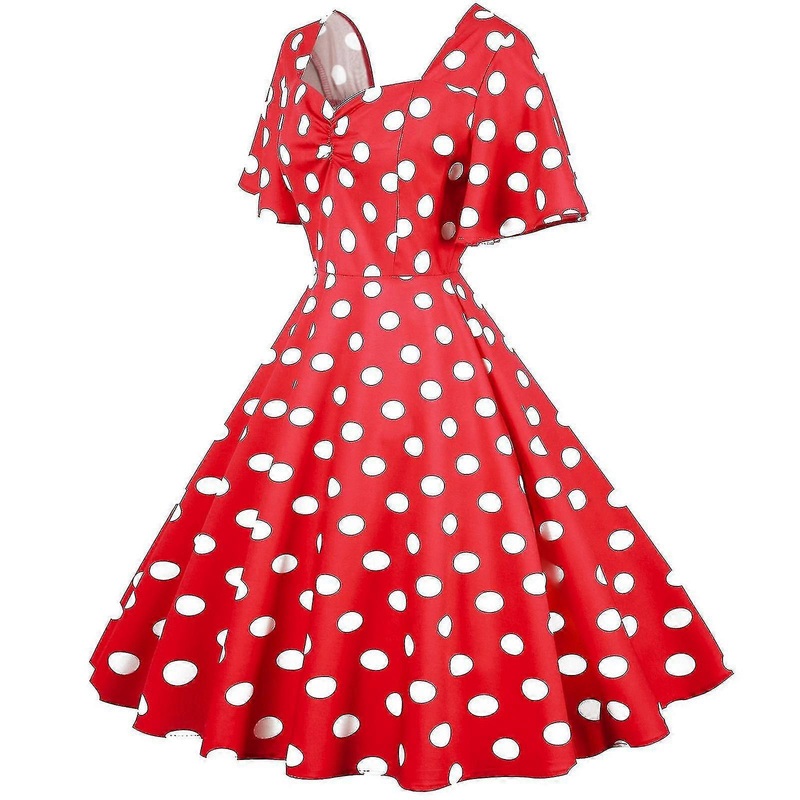 Women’s Retro Travel Style Wave Hem Short Sleeve Polka Dot Mid-length Hem Dress | Fruugo SG