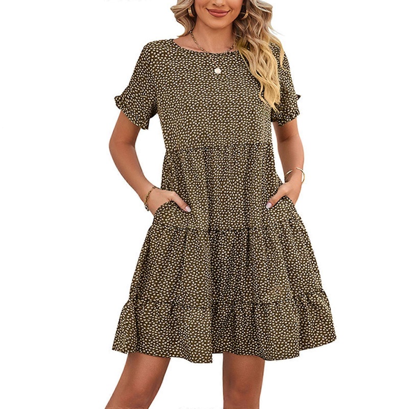 Women’s Short Sleeve Floral Print Casual Summer Dress Round Neck Bohemian Ruffle Flowy Swing Dresses  brown XL | Fruugo SG