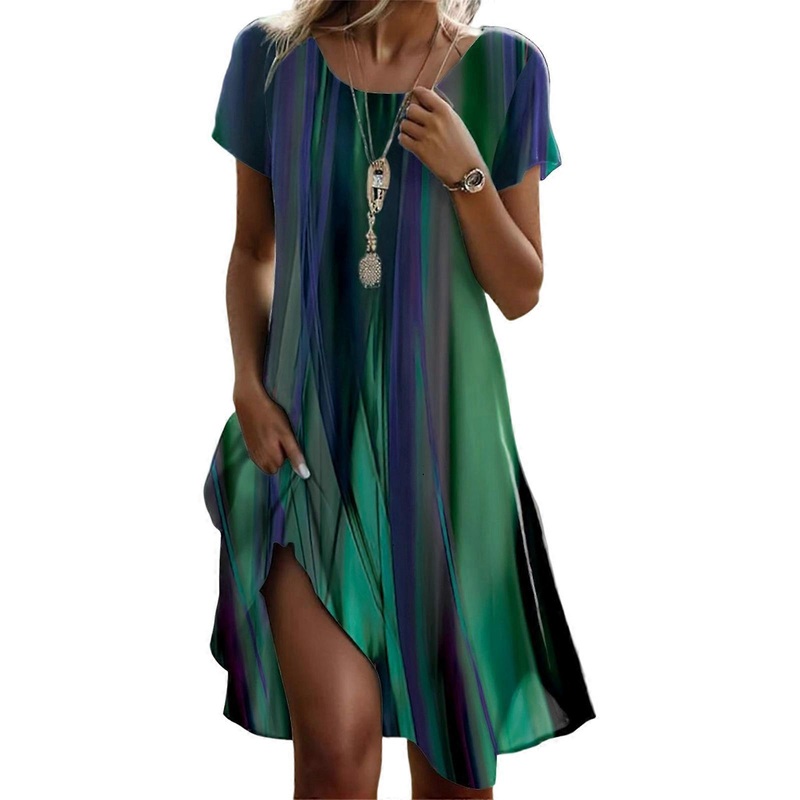 Women’s Short Sleeve Round Neck A Line Midi Long Swing Summer Dress Multicolored Bohemian Style Casual Beachwear Tunics  Aurora color M | Fruugo SG