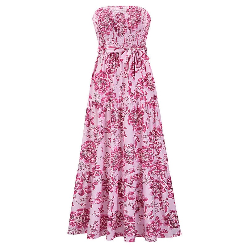 Women Summer Sexy Strapless Off Shoulder Maxi Long Swing Dress Boho Floral Print Shirred Smocked Belted A-Line Sundress  Red XL | Fruugo SG