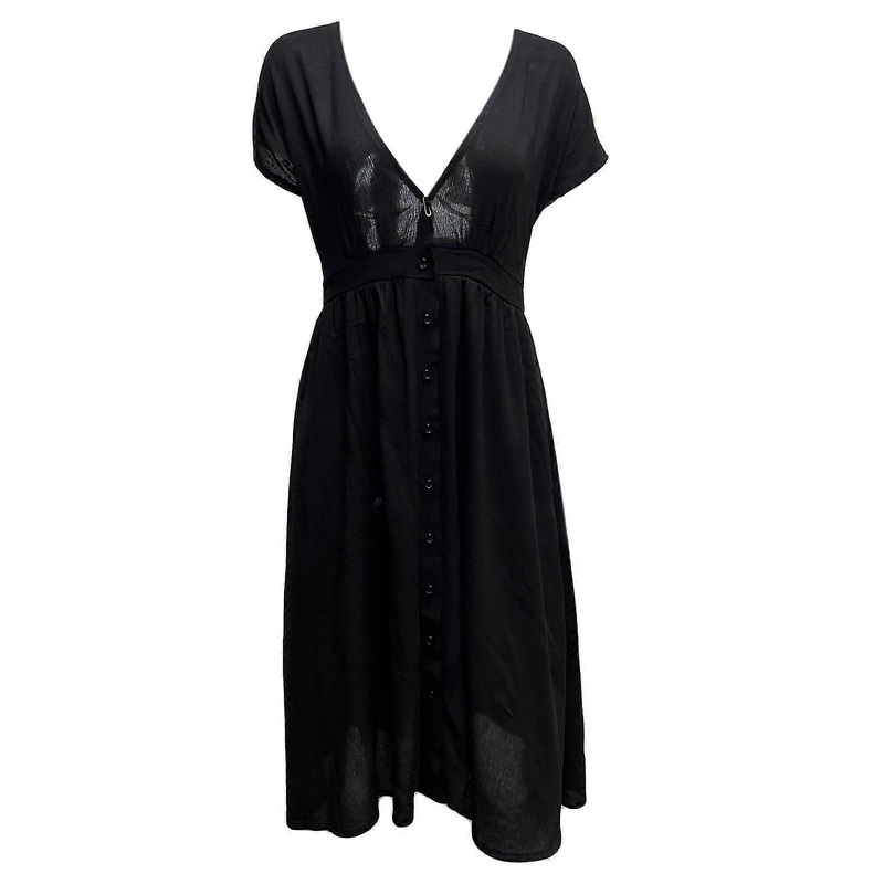 Women Summer Short Sleeve Sexy Deep V-neck Midi Long Flowy Dress Simple Solid Color Button Down A-line Flare Hem Double Layer Mesh Robe Sundress-Good | Fruugo SG