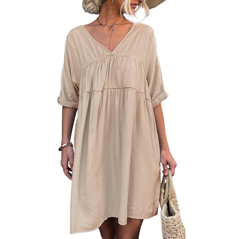 Women V Neck Short Sleeve Dress Back V Shaped Opening Loose Type Pure Color Summer Casual Dress Apricot S | Fruugo SG