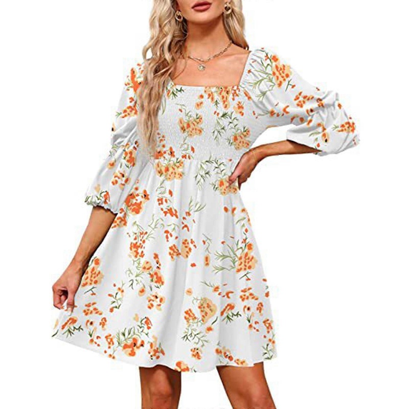 Women Vintage Square Neck 3/4 Puff Sleeve Short Dress Solid Color Floral Smocked High Waist Pleated A-Line Swing Dresses  white flowers XL | Fruugo SG