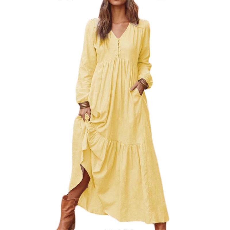 Womens Casual Long Sleeve Fall Dress Vintage Button V Neck Long Dresses Cotton and Linen Flowy Tiered Maxi Dress Gift  light yellow XL | Fruugo SG