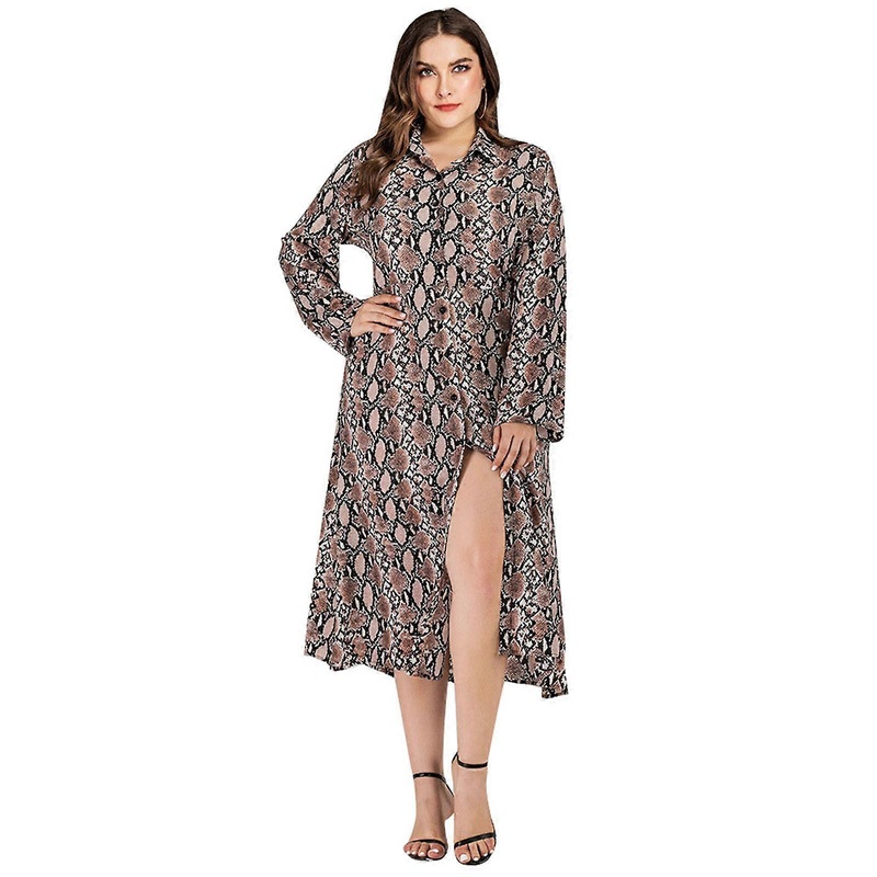 Womens Lapel V-Neck Midi Dress Snakeskin Animal Printed Button Down Split Front Casual Long Sleeve Flared Hem Sundress  Snake pattern XL | Fruugo SG