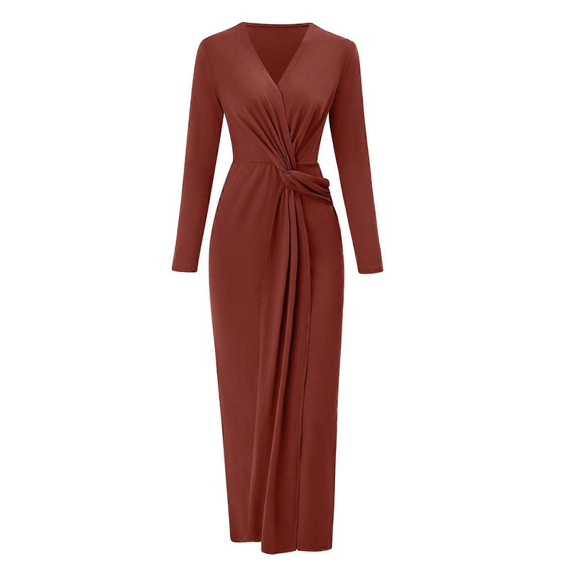 Womens Long Sleeve Bodycon Maxi Dress Casual V-Neck Twist Front Ruched Waist Dress Party Cocktail Dress  Brick red XL | Fruugo SG