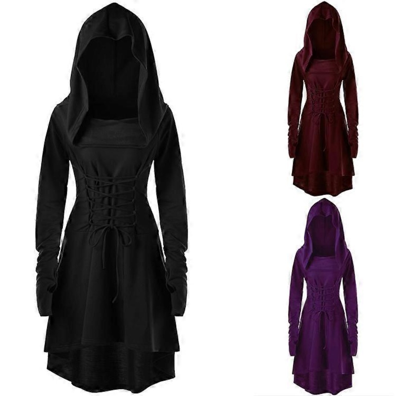 Womens Long Sleeve Lace-up Cloak Cape Gothic Dresses Solid Colors Vintage Medieval Hooded Party Witch Dress 8 Color | Fruugo SG