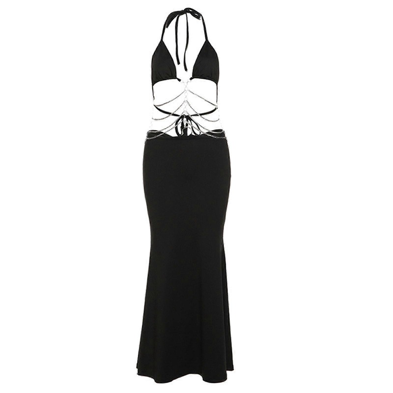 Womens Sexy Halter Straps V-Neck Backless Bodycon Long Dress Hollowed Metal Chain Patchwork Ruched Butt Party Dresses  Black S | Fruugo SG