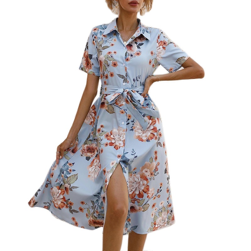 Womens Short Sleeve Lapel V-Neck Button Down Midi Shirt Dress Boho Floral Print Belted A-Line Split Flowy Long Dresses  Blue S | Fruugo SG
