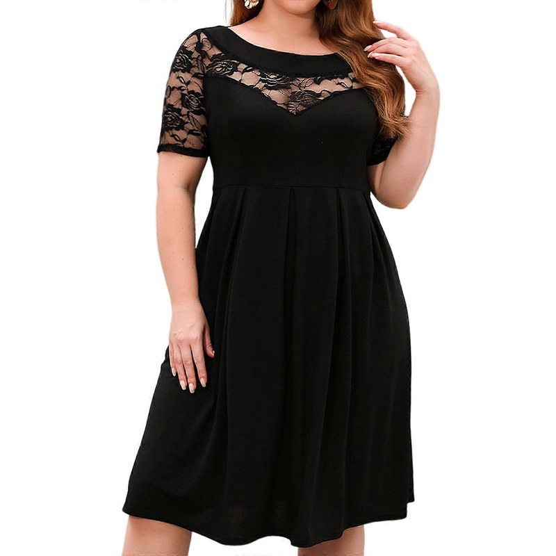 Womens Short Sleeve Round Neck Loose Flowy Dresses Solid Color Summer Midi Dresses Casual Lace A-line Dress Gifts  1XL Black | Fruugo SG