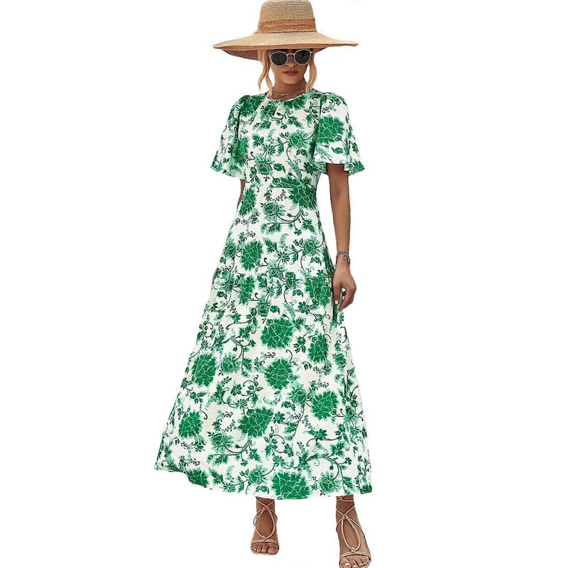 Womens Summer Maxi Dress Casual Bohemian Floral Crewneck Short Sleeve Ruffle Beach Long Dresses Vestidos  Green XL | Fruugo SG