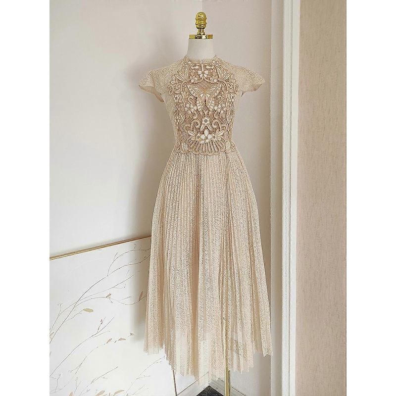Champagne Color Butterfly Embroidered Vintage Evening Dress Flying Sleeve Mid-Calf Elegant Women Long Pleated Dress O-Neck | Fruugo SG
