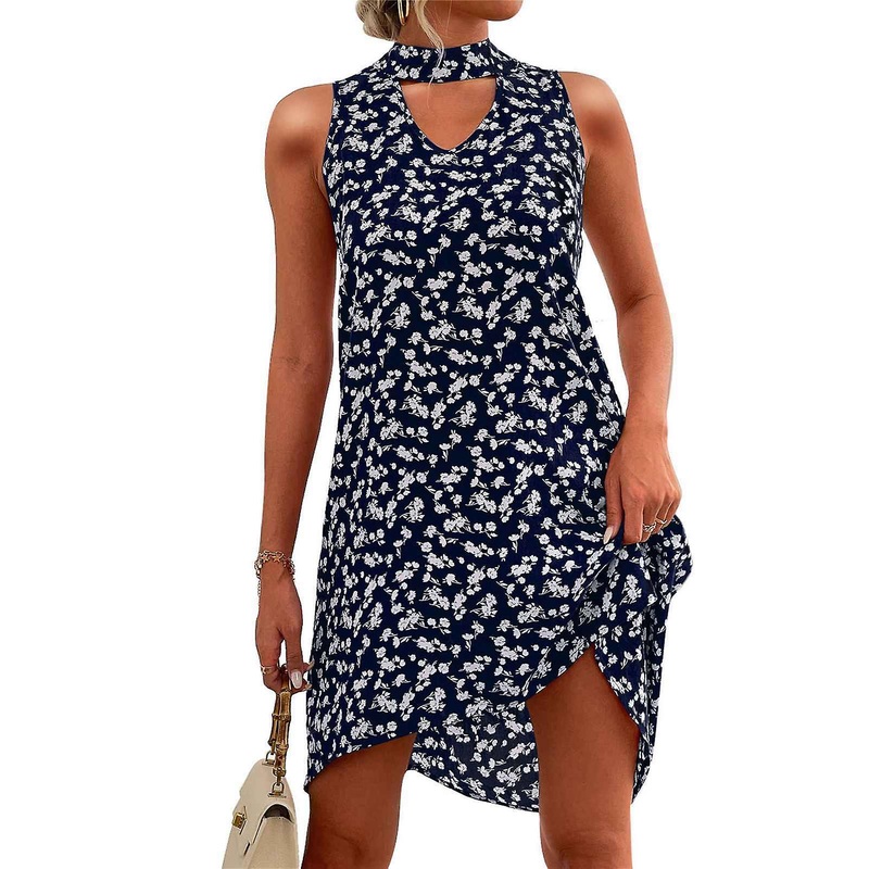 Dark Blue Halter Neck Floral Print Dress – Sleeveless Keyhole Back Hollow Out A-Line Summer Fashion, S | Fruugo SG