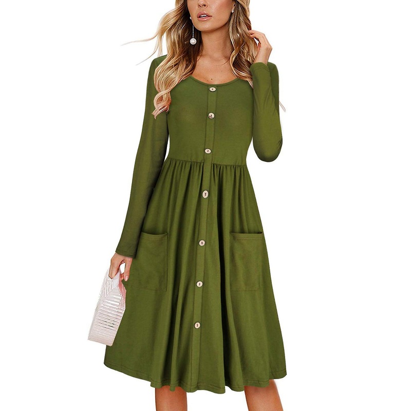 Dress Long Sleeve Round Neck Button Down Pure Color Pocket High Waist Dress for Women OD Green M | Fruugo SG
