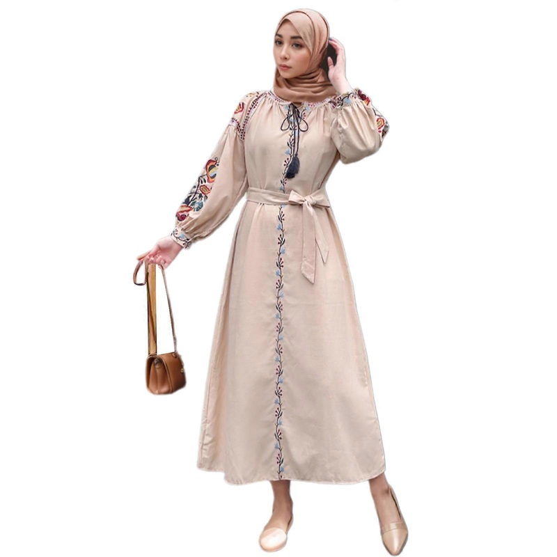 Embroidered Floral Drawstring Tie Tassels Cotton Linen Midi Dress with Lantern Sleeves for Women’s Muslims Long Robe  apricot S | Fruugo SG