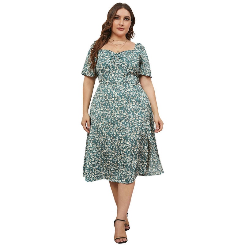Fashion Floral Midi Dress Plus Size Square Neck Short Sleeve Boho Casual Long Dress for Wife Mother Girlfriend Summer  Green 2XL | Fruugo SG