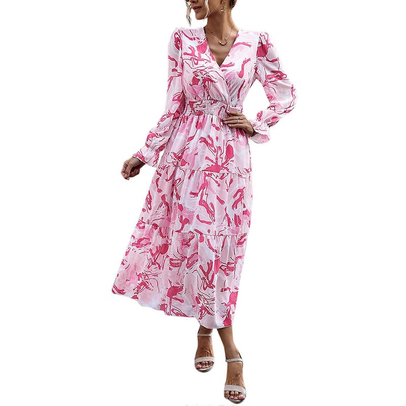 Fashionable Women’s V Neck Printed Casual Dress A Line Smocked Waist Swing Flowy Party Long Dresses  Pink XL | Fruugo SG