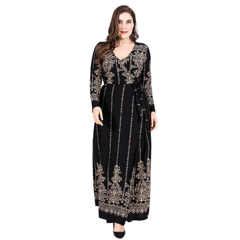 Women Plus Size Long Sleeve Sexy Wrap Deep V-Neck Maxi Dress Vintage Floral Print Side Tie Waist Flared Hem Party Gown  XL golden | Fruugo SG