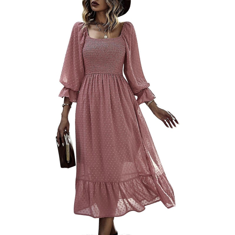 Women’s Casual Dresses Long Sleeve Dress High Waist Maxi Dress Flowy Dot Dress Square Neck Dress for Party Holiday  Pink XL | Fruugo SG