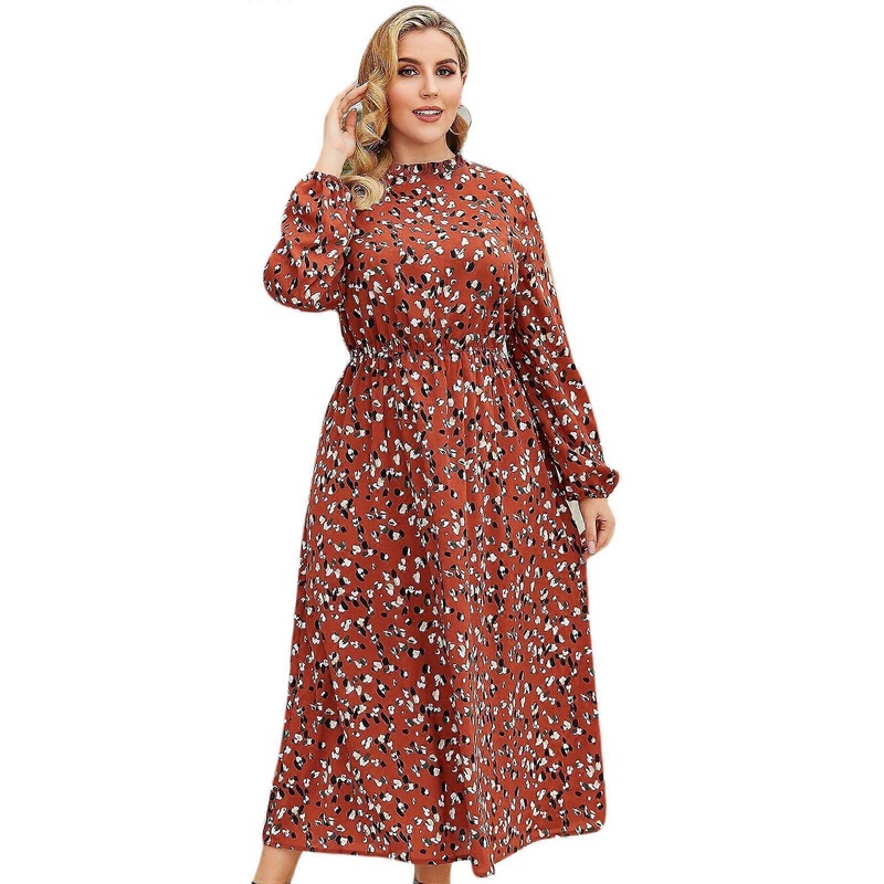 Women’s Floral Print Dress Plus Size A-line Dress Elegant Long Sleeve Dress Loose Elastic Waist Vacation Dress for Party  brown XL | Fruugo SG