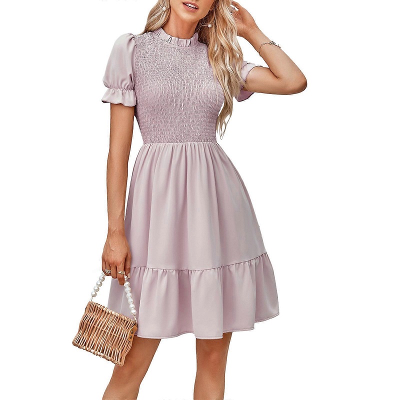 Women’s Short Sleeve Smocked Midi Dress Summer Casual Tiered A-Line Dress High Waist Stand Collar Fashion Dresses  Pink XL | Fruugo SG