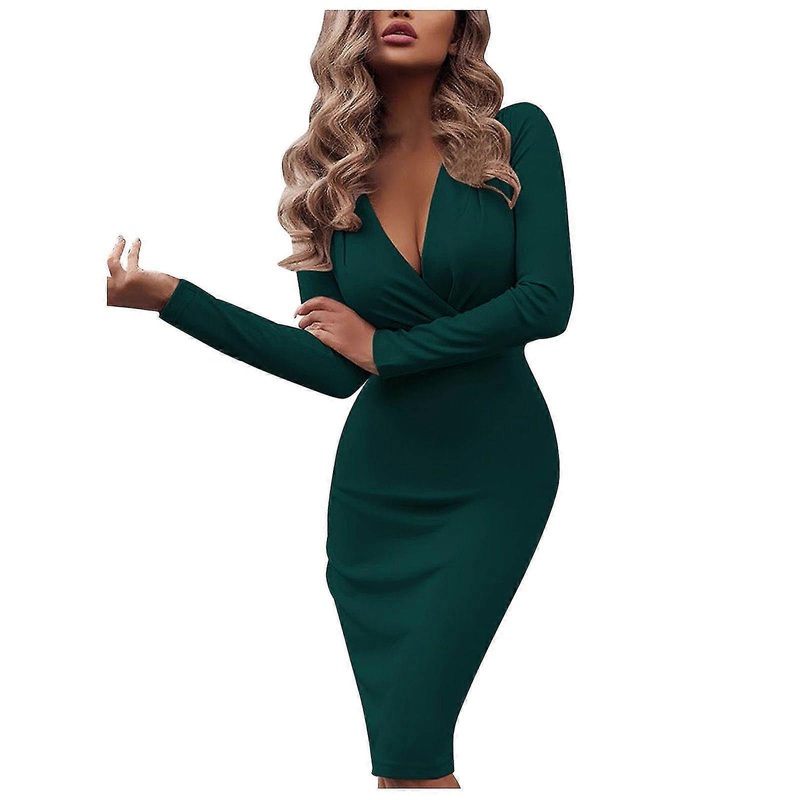 Women’s Solid Slim Long Sleeve Deep V Neck Pleated Long Bag Hip Hedging Dress | Fruugo SG