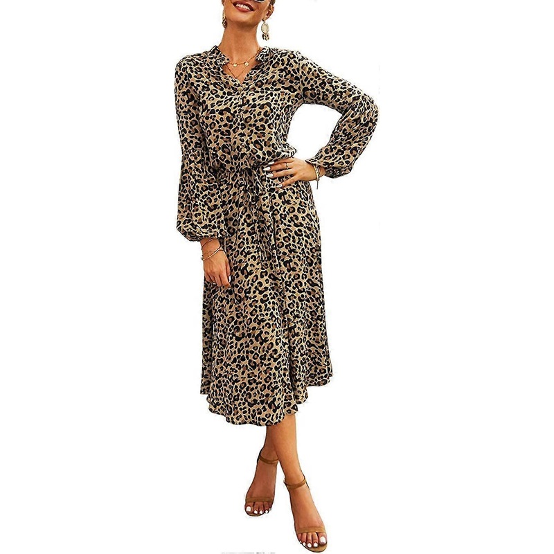 Womens Leopard Print Midi Dress Long Sleeve High Waist Stylish | Fruugo SG