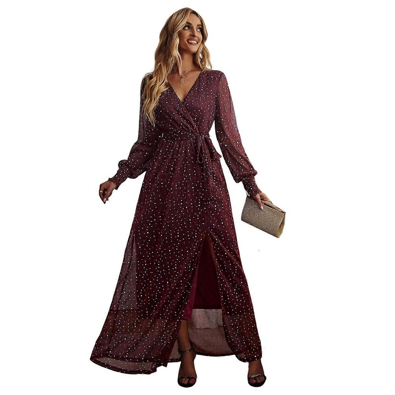 Womens Long Sleeve Glitter Sequin Maxi Dress with Belt Wedding Guest Sexy Wrap V-Neck High Split Formal Evening Gowns  Burgundy XL | Fruugo SG