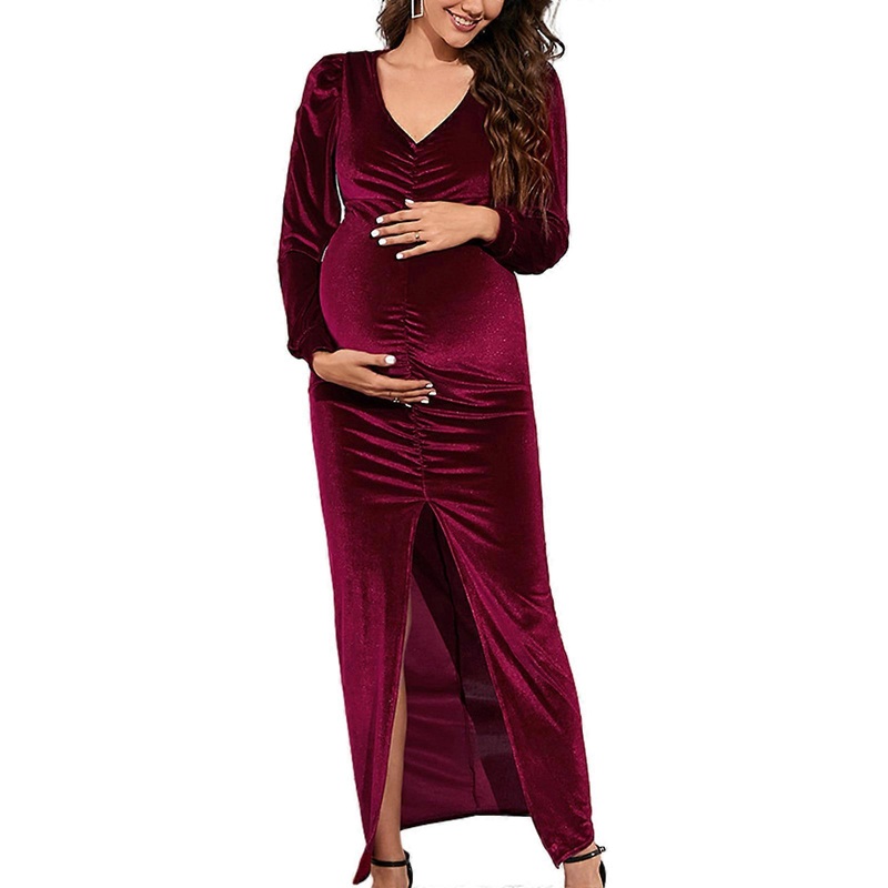 Womens Maternity Dress Summer Casual Long Sleeve Front Slit V Neck Bodycon Party Maxi Dress  Burgundy XL | Fruugo SG