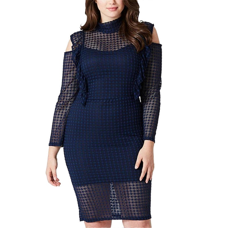 Womens Mock Neck Slim Midi Long Dress Solid Color Long Sleeve Ruffles Trim Lace Overlay Keyhole Back Cocktail Clubwear  Blue XL | Fruugo SG