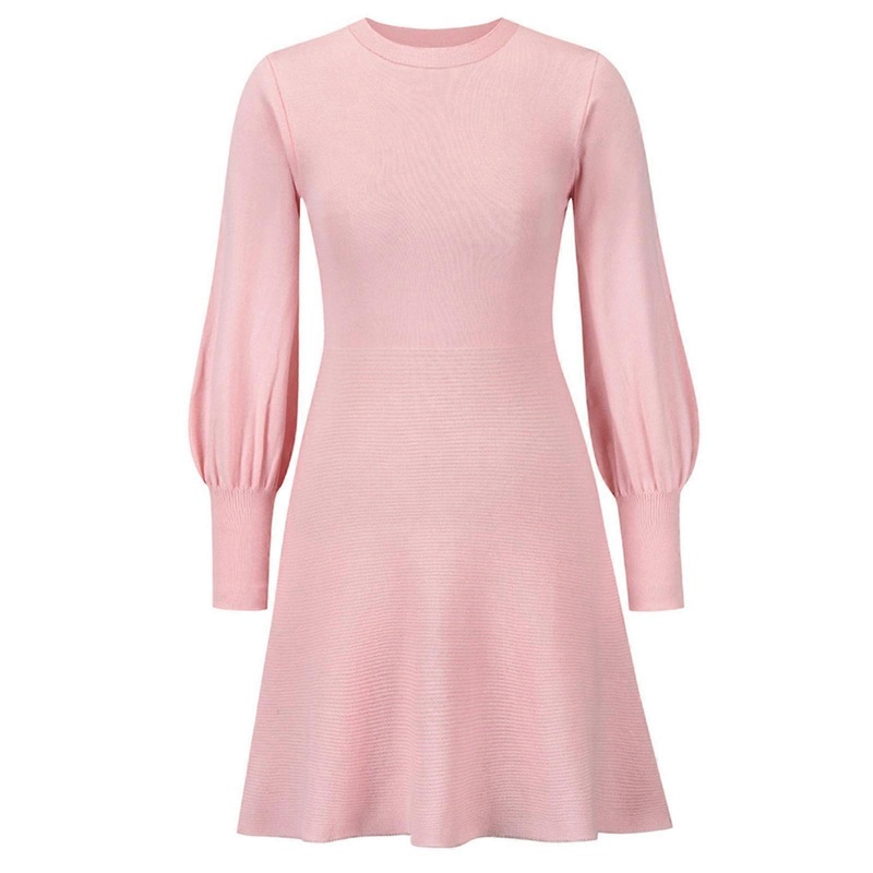 Womens O-Neck Long Sleeve Midi A-line Pencil Dress Lady Knitted Dress Round Neck Dress for Autumn Winter  Pink M | Fruugo SG