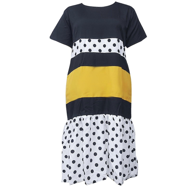 Womens Plus Size Short Sleeve Round Neck Ruffled Flared Hem Party Midi Dress Colorblock Polka Dot Holiday Beach Sundress  Black XL | Fruugo SG