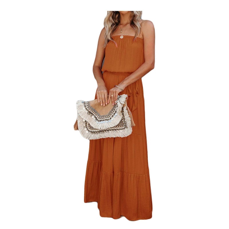 Womens Sexy Strapless Tube Top Solid Color A-Line Maxi Dress Off Shoulder Belted High Waist Pleated Flared Swing Dresses  Turmeric L | Fruugo SG