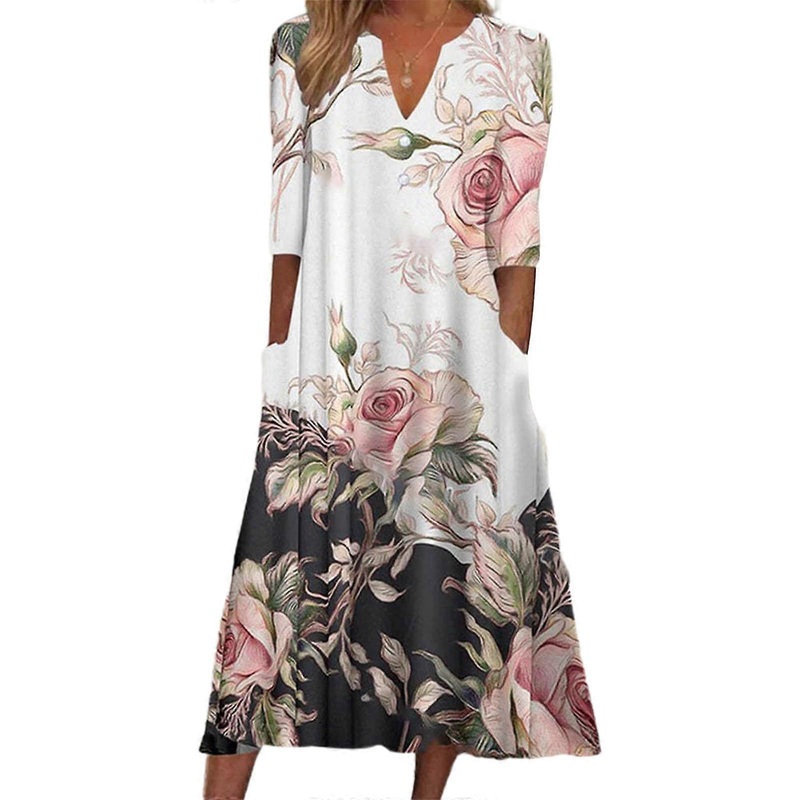 Womens Summer Boho Stripe Floral Print Button V-Neck Swing Long Dress Half Sleeve Pleated Holiday Dresses with Pockets  pink rose XL | Fruugo SG