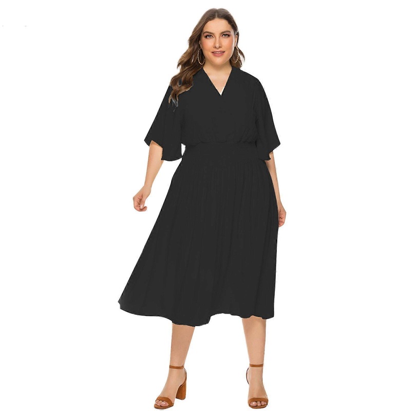 Womens Summer Midi Swing Dress Flutter Half Sleeve V-Neck Backless Elastic Waist Solid Color Casual Party Loose Gown  Black XXXXL | Fruugo SG