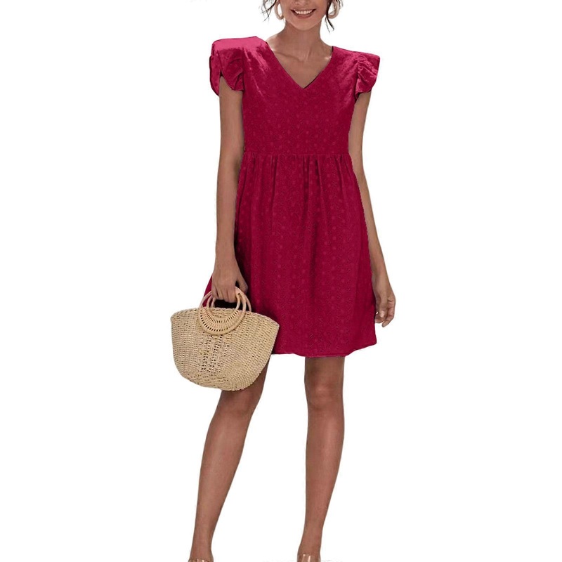 Womens Summer Ruffle Short Sleeve V-Neck A-Line Mini Dress Solid Color Hollow-Out Eyelet Lace Embroidery Hem Flowy Dress  Burgundy XL | Fruugo SG