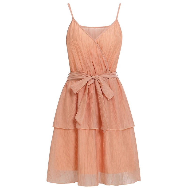 Womens Summer Spaghetti Strap Wrap V-Neck Pleated A-Line Midi Cami Dress with Belt Solid Color Tiered Ruffle Swing Dress  orange XL | Fruugo SG