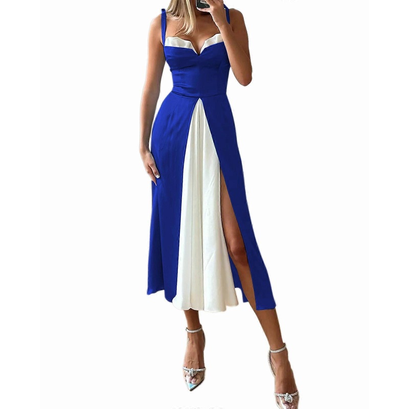Womens Summer Split Thigh Spaghetti Strap Cami Midi Color Block Dress Casual Heart Neck Swing Dress  Royal blue S | Fruugo SG