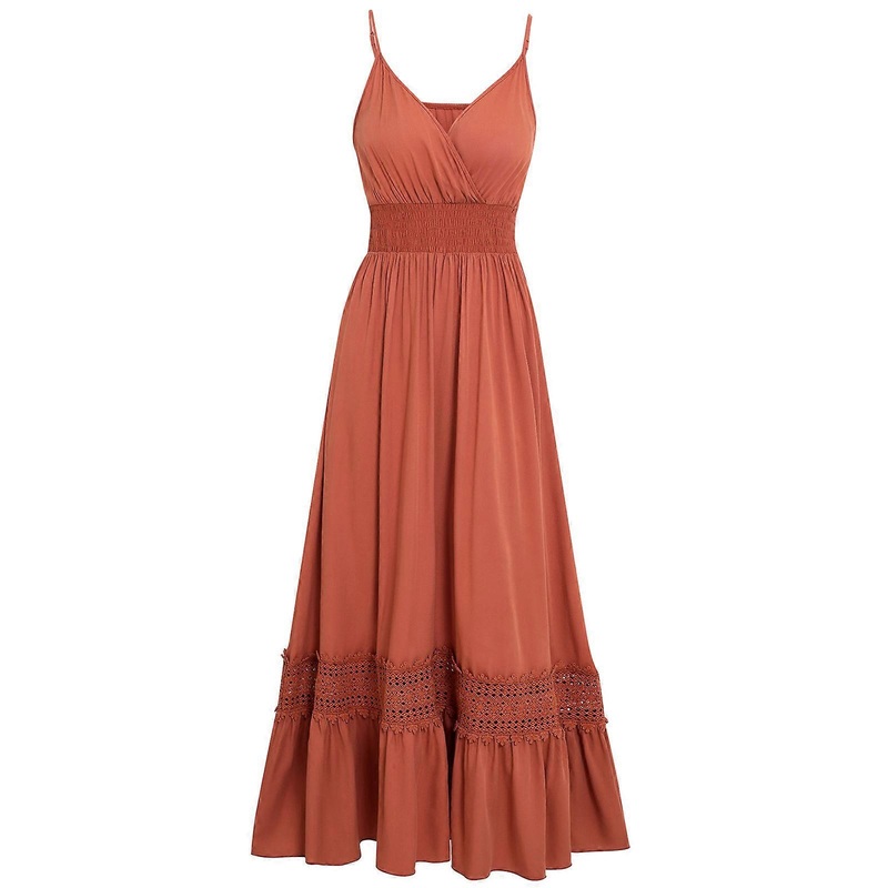 Womens V Neck Spaghetti Strap Dress Hollow Sleeveless Pleated Cocktail Party Maxi Long Dress  orange XL | Fruugo SG