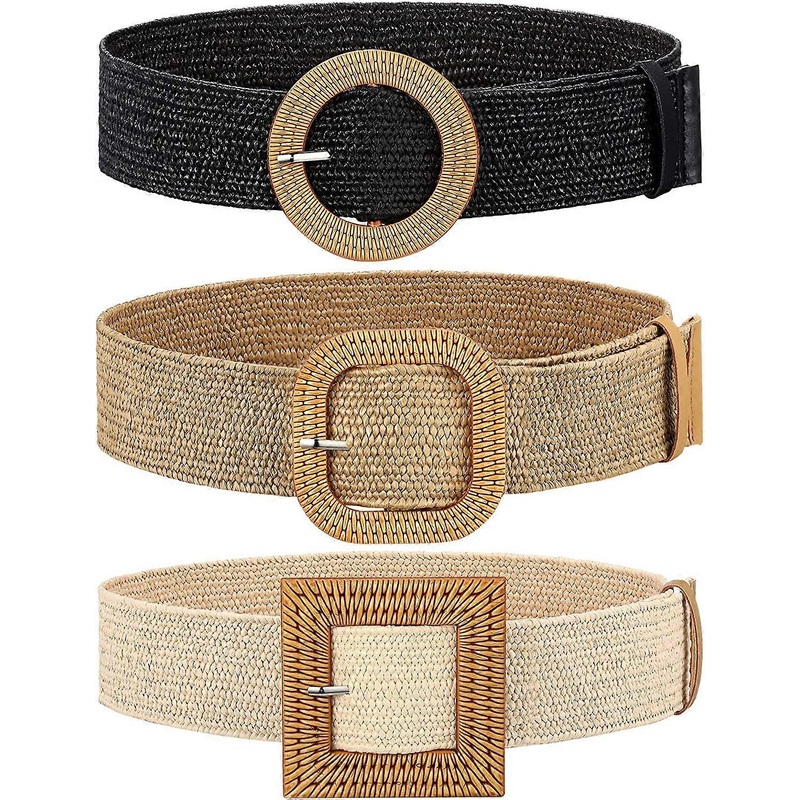 3 Pieces Straw Woven Elastic Waist Belt for Women Bohemian Dress Braided Belt Black, Khaki, Beige 96 cm | Fruugo SG