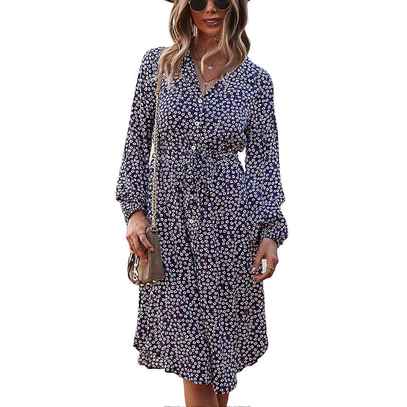 A Line Dress Long Lantern Sleeve Lapel Button Floral Print Elastic Drawstring Waist Dress for Women Navy Blue M | Fruugo SG