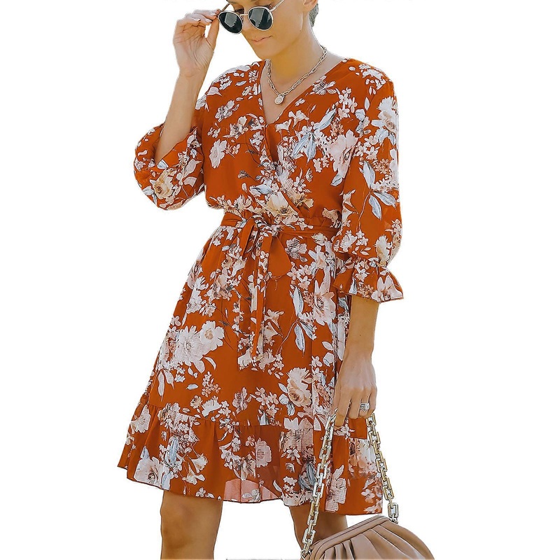 Chiffon Dress Half Sleeve Floral V Neck Tie Waist Printing Elegant One Piece Dress for Summer Orange XL | Fruugo SG