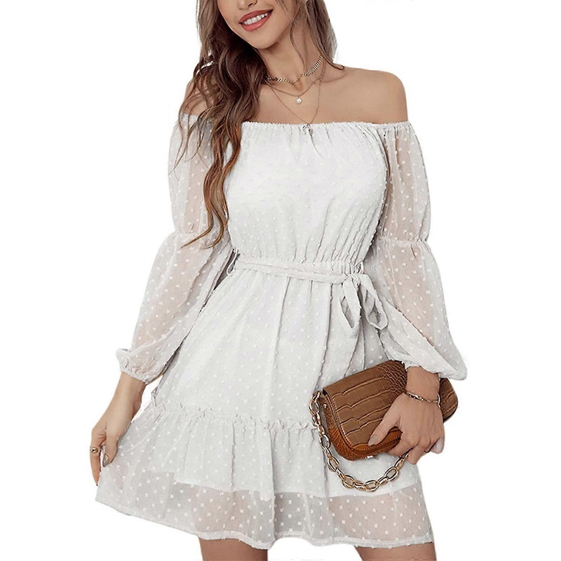Dress for Women Short Dresses Off Shoulder Solid Color Long Sleeve A-Line Dress with Belt,Fashion Holiday Dress  White XL | Fruugo SG