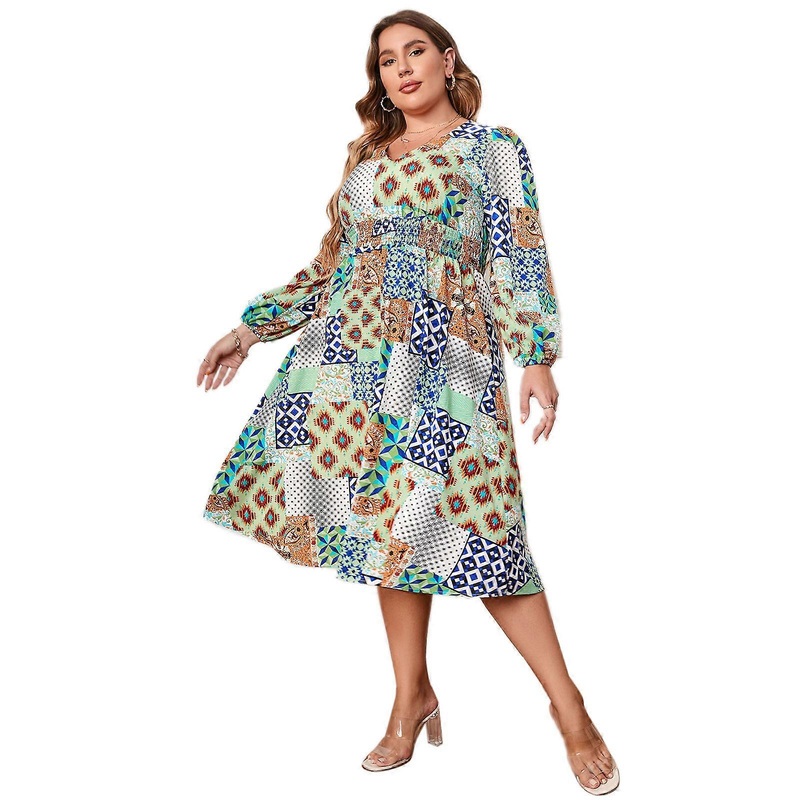 Elegant Plus Size Dress Printed Shirred Waist Female Summer Long Sleeve Women Beach Daily Casual Midi Dress Wife Mother  Blue green color 4XL | Fruugo SG