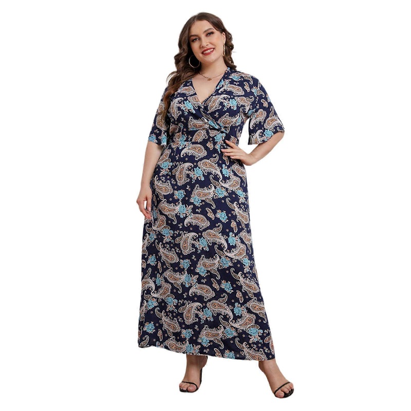 Elegant Print Short Sleeve Spring Summer Dresses Casual V Neck Loose Women Dress Party Midi Dresses Plus Size  Blue XL | Fruugo SG
