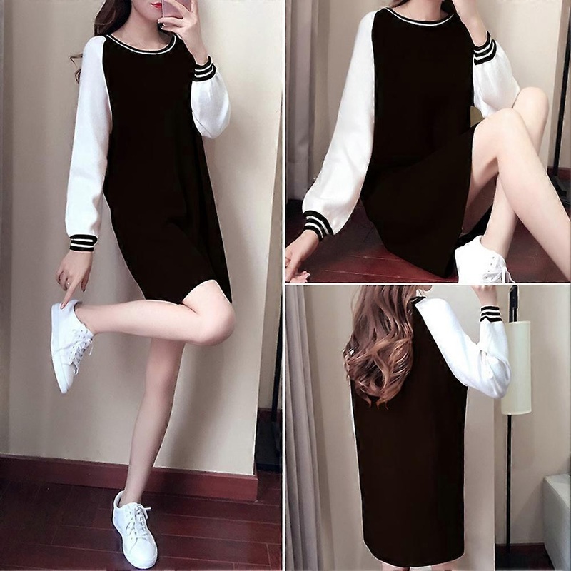 Fashion Women Stitching Color Dress Round Neck Long Sleeve Above Knee Length Slim DressBlack M | Fruugo SG