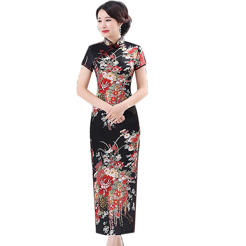 Fianao Chinese Style Flower Print Stand Collar Short Sleeve Women Slit Cheongsam Dress | Fruugo SG