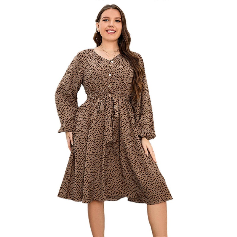 Women’s Plus Size Leopard Print V Neck Short Sleeve Belted Dress Spring Autumn Long Sleeve Dress  Khaki XL | Fruugo SG