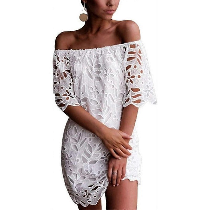 Women’s Sexy One Shoulder Vintage Floral Lace Trumpet Short Sleeve Loose Elegant Mini Dress | Fruugo SG