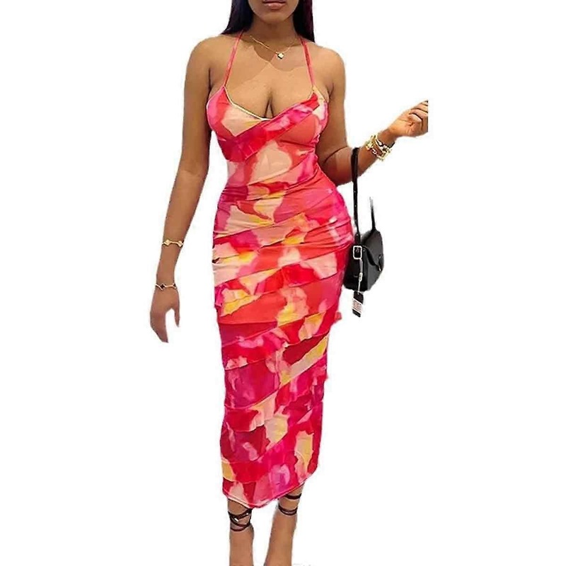 Women’s Summer Dress Spaghetti Straps Backless Bodycon Dress Ruffles Red Printed Summer Work Club | Fruugo SG